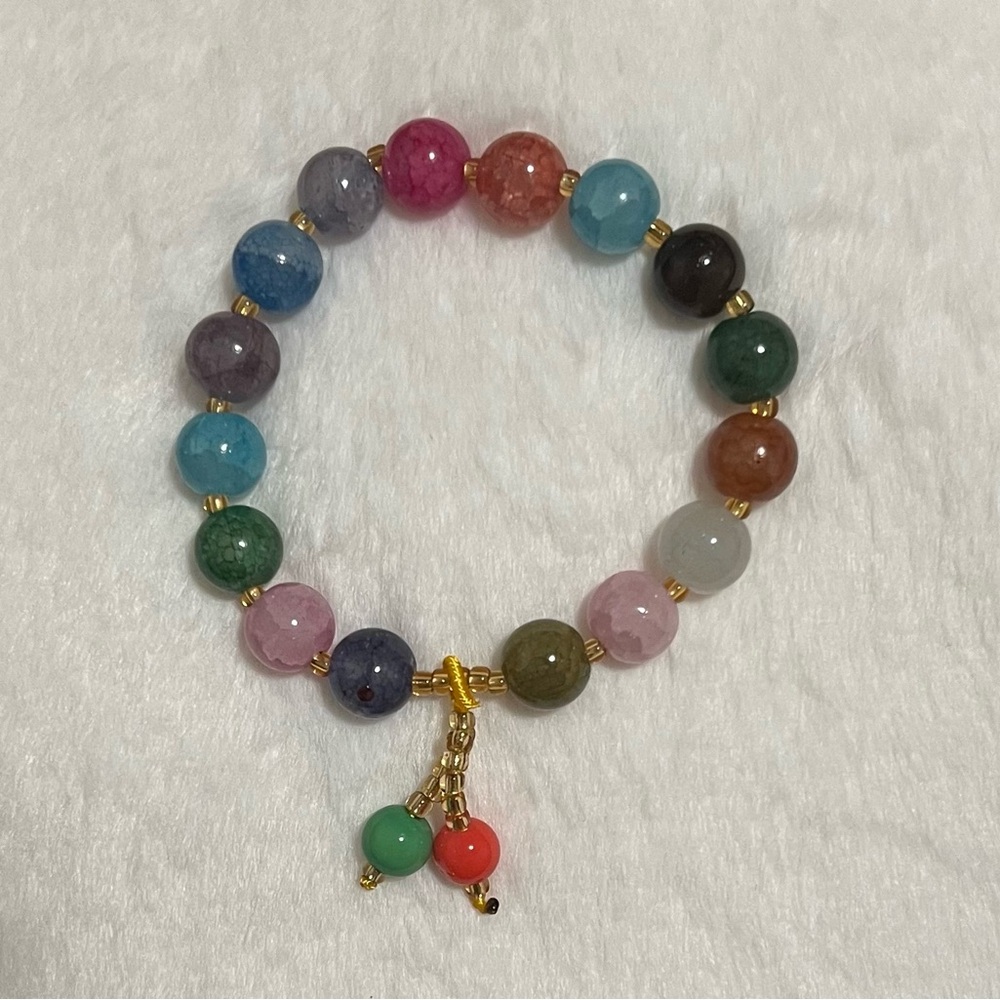 NWOT Multicolor Stretch Bracelet, Round Glass Beads & Gold-Toned Tassel Charm